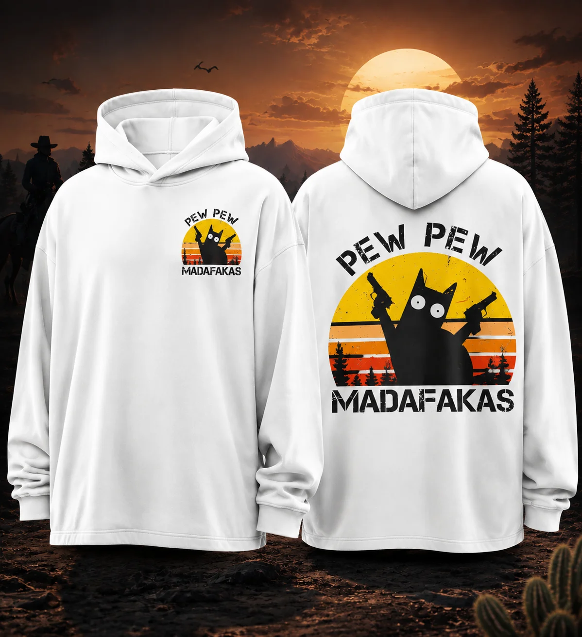 Y2K Funny Retro Sunset Cat Hoodie, Vintage Western Desert Revolver Kitty Graphic Unisex Cotton Casual Streetwear Sweatshirt