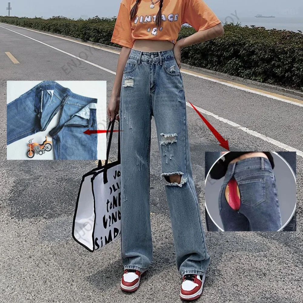 

Ripped Jeans for Women, Invisible Open Crotch Pants, Small High Waist, Wide Leg Denim Trousers, Bell-bottoms, Outdoor Sex Fashio