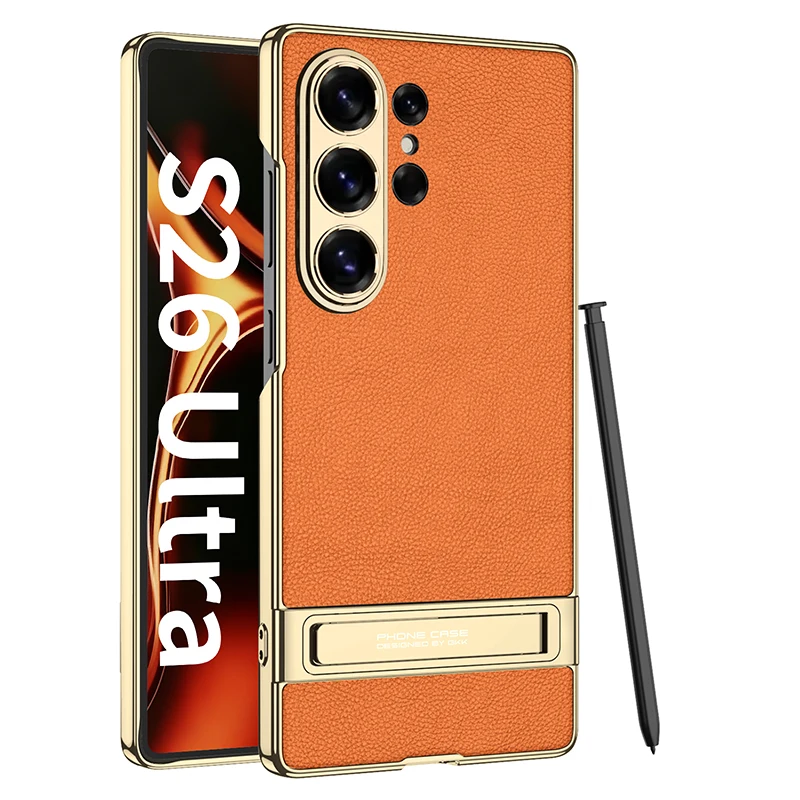 For Samsung Galaxy S26 Ultra S26 S25 Ultra Case Luxury Ultra-Thin Electroplated Matte Leather Bracket Shockproof Cover Accessory