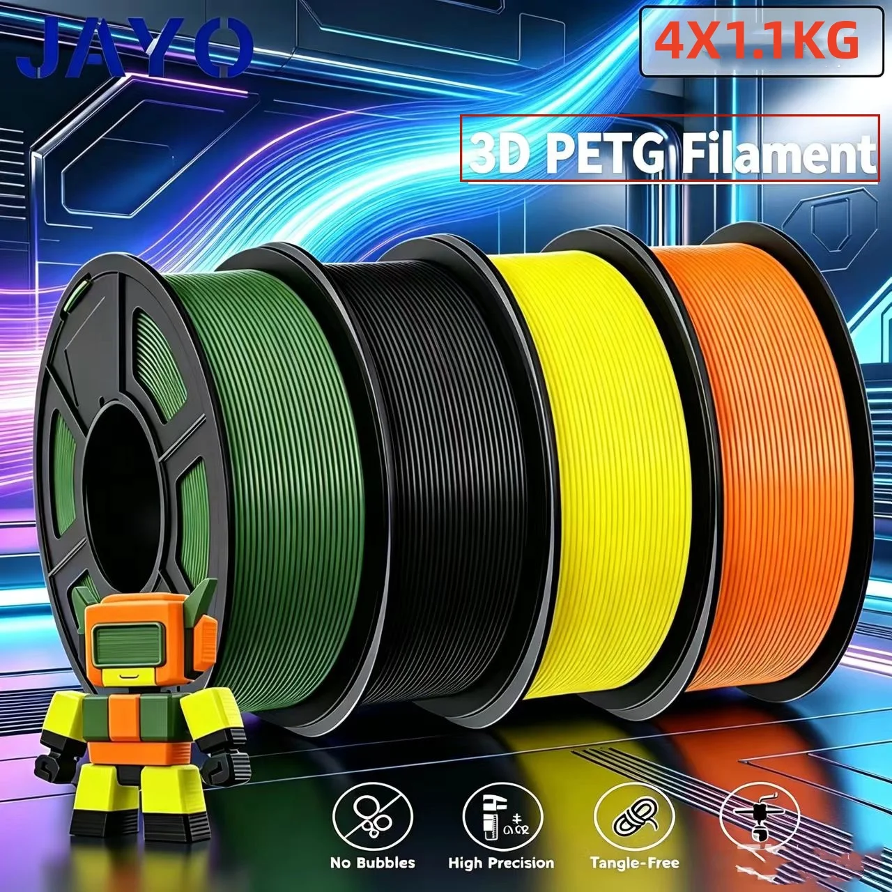JAYO 4 Rollen 3D PETG/PETG klares Druckerfilament 1,75 mm, ordentlich gewickelt, ungiftige 3D-Druckmaterialien für 99 % FDM-3D-Drucker und -Stifte