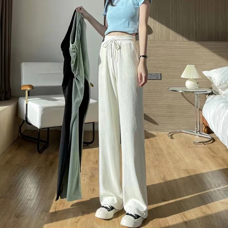 여성용 하이 웨이스트 조거 와이드 레그 팬츠, 레이디 폴드 캐주얼 바지, 여성 패션, 블랙 살구색 그린 슬랙스, 라지 사이즈 