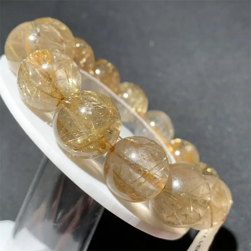 

16MM Natural Golden Rutilated Quartz Bracelet Healing Fengshui Handmade Crystal Jewelry Stretch Bangle Birthday Gift 1pcs