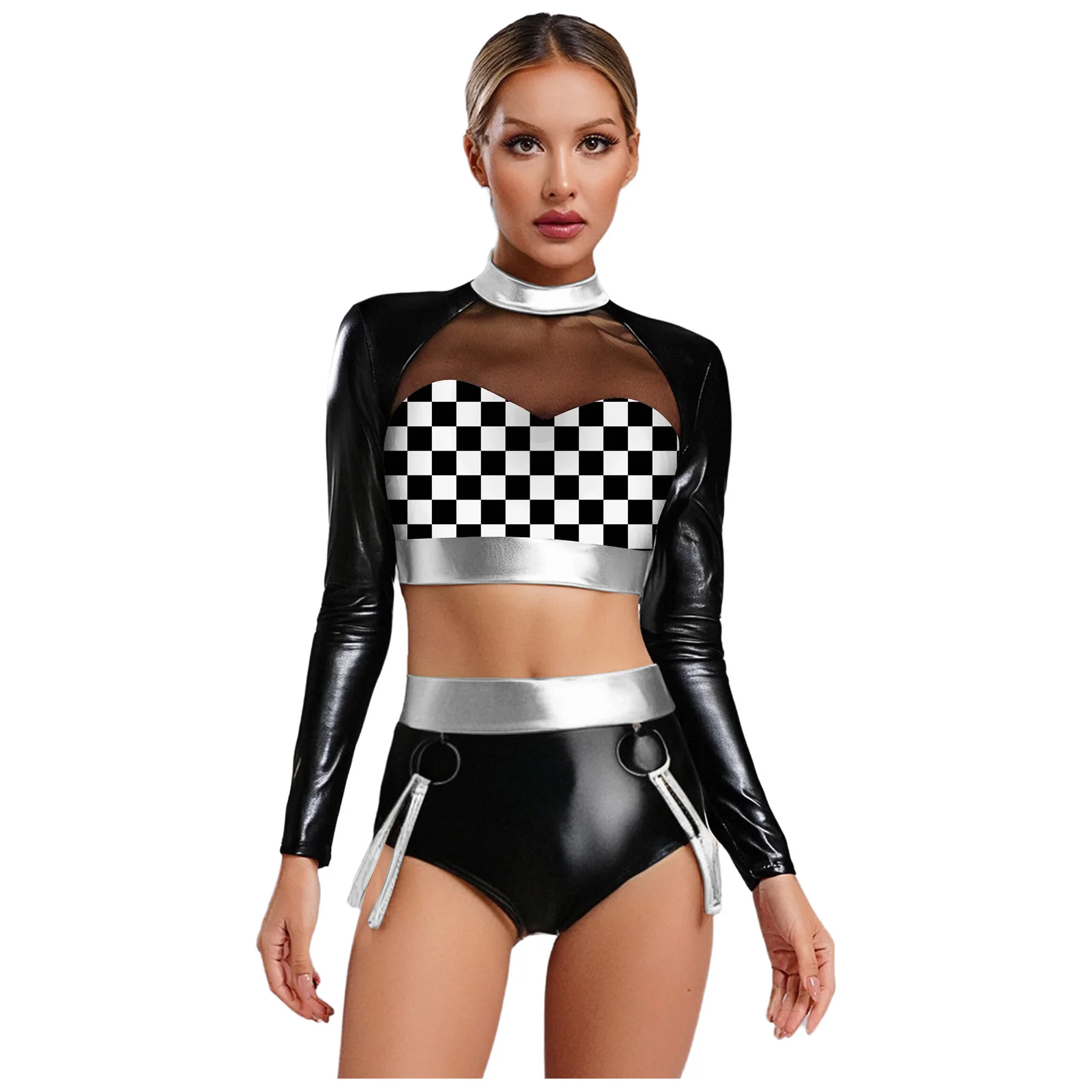 

Wet Look Women Club Pole Dance Outfits Metallic Shiny Long Sleeve Crop Tops and High Waist Strappy Shorts for Raves Disco Party