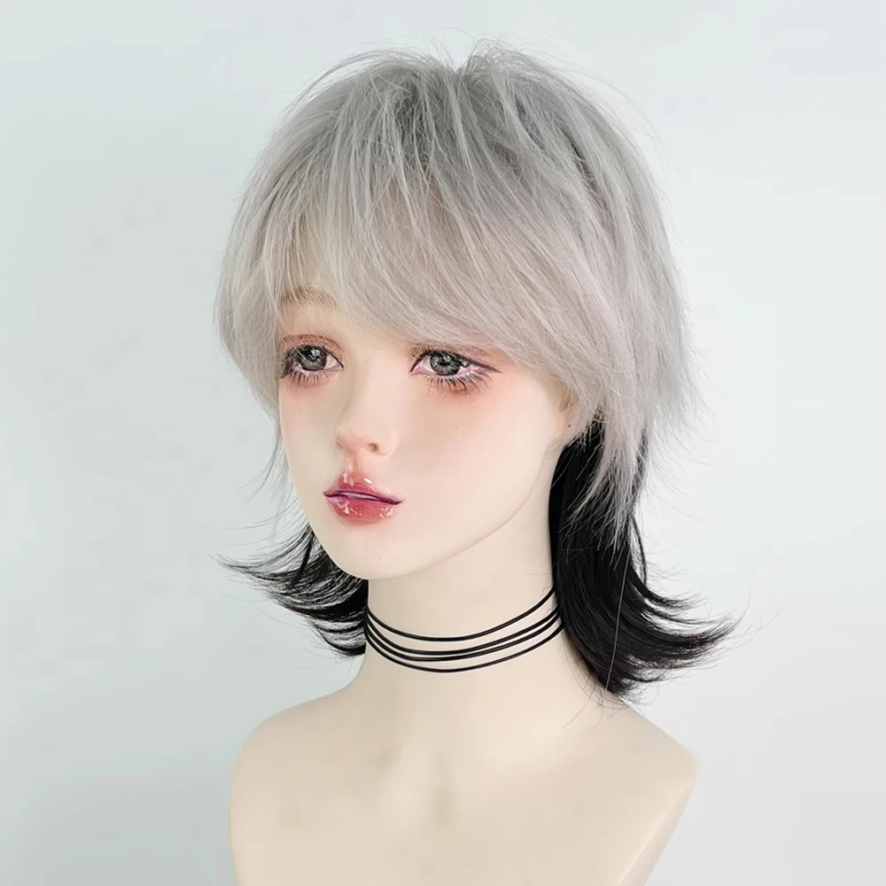 Synthetic Wolf Tail Mullet Head Men Short Ombre Grey Black Layered Wig with Bangs Lolita Cosplay Fluffy Hair Wig for Daily Party