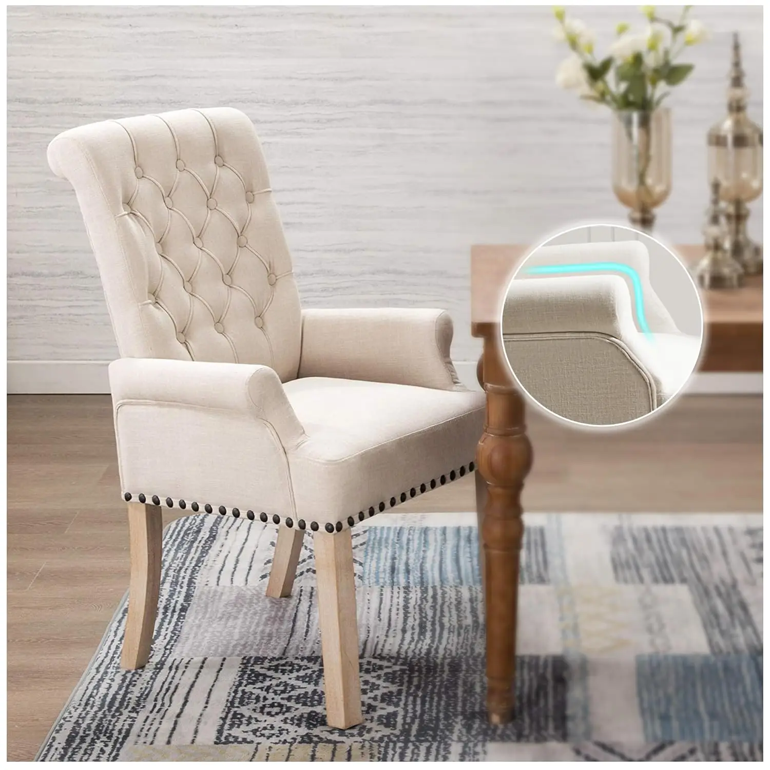 

Upholstered Fabric Dining Armchair with Solid Wood Legs for Kitchen Dining Living Room Beige, Customized