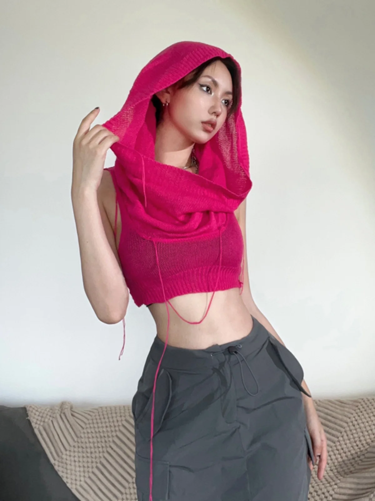 スパイシーガールカラーフーディスウェットニットベストレディースベリーバリング日焼け止めトップサマーストリートスリムフィット