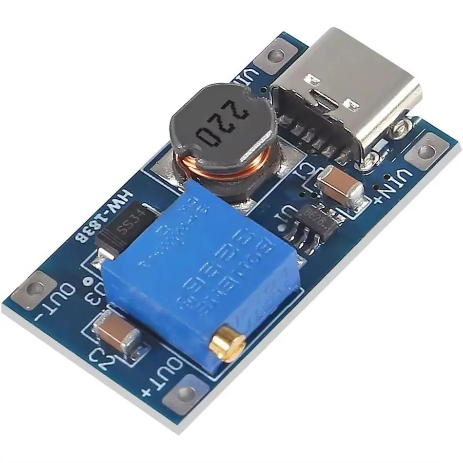 1pcs -MT3608 Adjustable Step Up Module Voltage Regulator Micro USB Type-c Plug 2V-24V to 5V-28V 2A Step-Up DC-DC Boost Converter