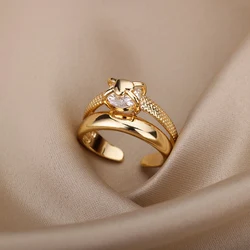 Intertwined Heart Zircon Rings For Women Open Gold Color Stainless Steel Double Layer Round Finger Rings Wedding Jewelry Gift