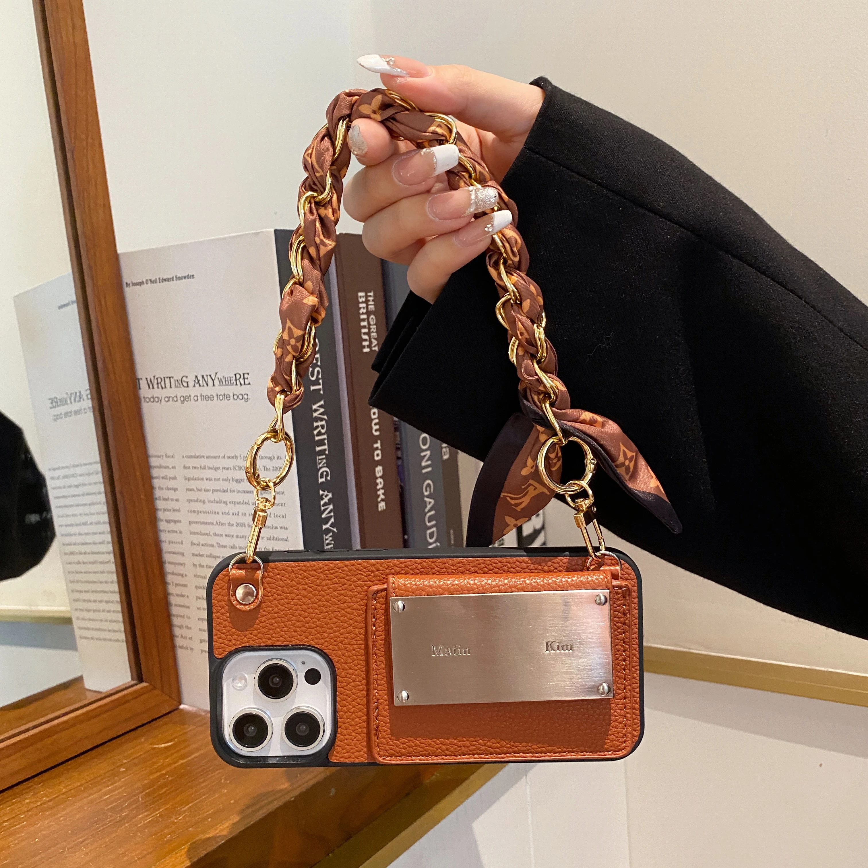 

Роскошный чехол-кошелек с текстурой личи, защита всего тела, съемный ремешок, слот для карт для iPhone 16 Pro Max