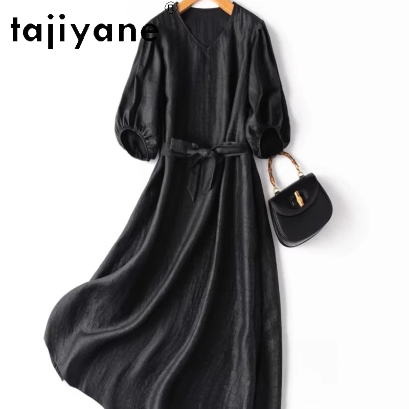

TAJIYANE 100% Шелковое платье из тутового шелкопряда для женщин, элегантное черное длинное платье с рукавами-фонариками, женская одежда, лето 2026