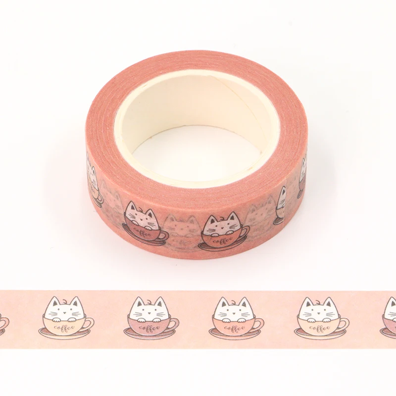 NEW 1PC. Decorative Cute Coffee Cup Cat Japanese Paper Washi Tape Craft Journal Adhesive Masking Tape Papeleria