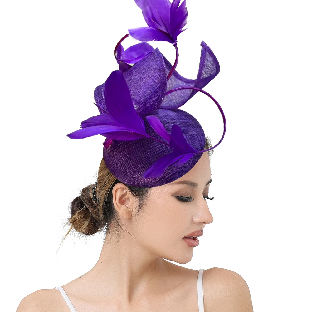 Woman Large Feather Flower Fascinators Hat Ladies Bride Wedding Sinamay Headwear Hair Clip Dinner Headband Hair Accessories view 2