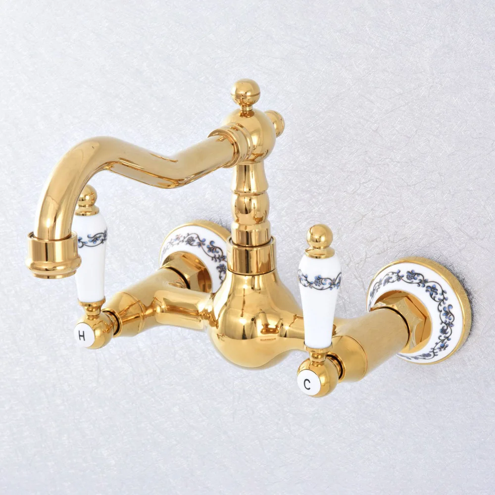 

Polished Gold Color Brass Wall Mounted Double Handles Bathroom Kitchen Sink Faucet Mixer Tap Swivel Spout asf611
