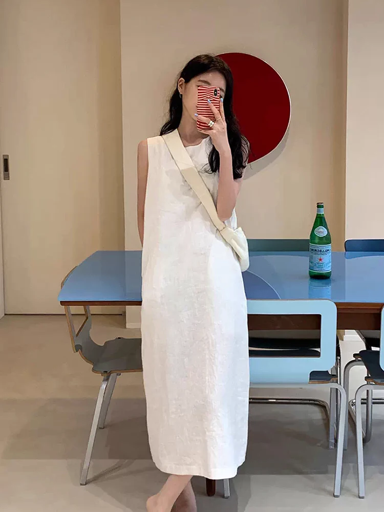 Liangliang mat Pure Color Lin Vest Dr Women Summer New Loose Svel Gonna lunga Coreana Sle Vita ampia