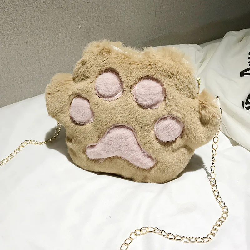 Cute Bear Paw Girls Chain Zipper Shoulder Bag Lovely Children's Soft Plush Coin Purse Baby Boys Accessories Small Crossbody Bags