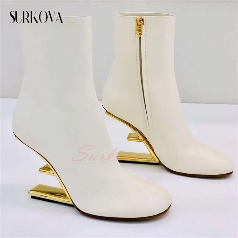 2023 New Arrival Hollow Shaped Heel Ankle Boots Women\'s Round Toe Side Zip Leather Boots Solid Color Modern Concise Ankle Boots