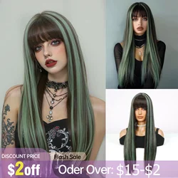 Black Highlight Green Synthetic Wigs Multicolor Long Straight Green Wig with Bangs For Women Natural Cosplay Party Christmas Wig