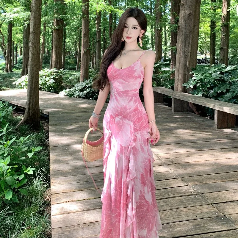 

2025 Pink Water Lily Print Suspender Dress Lotus Leaf Lace Drape Bohemian Holiday Dresses Female Summer Beach Dress