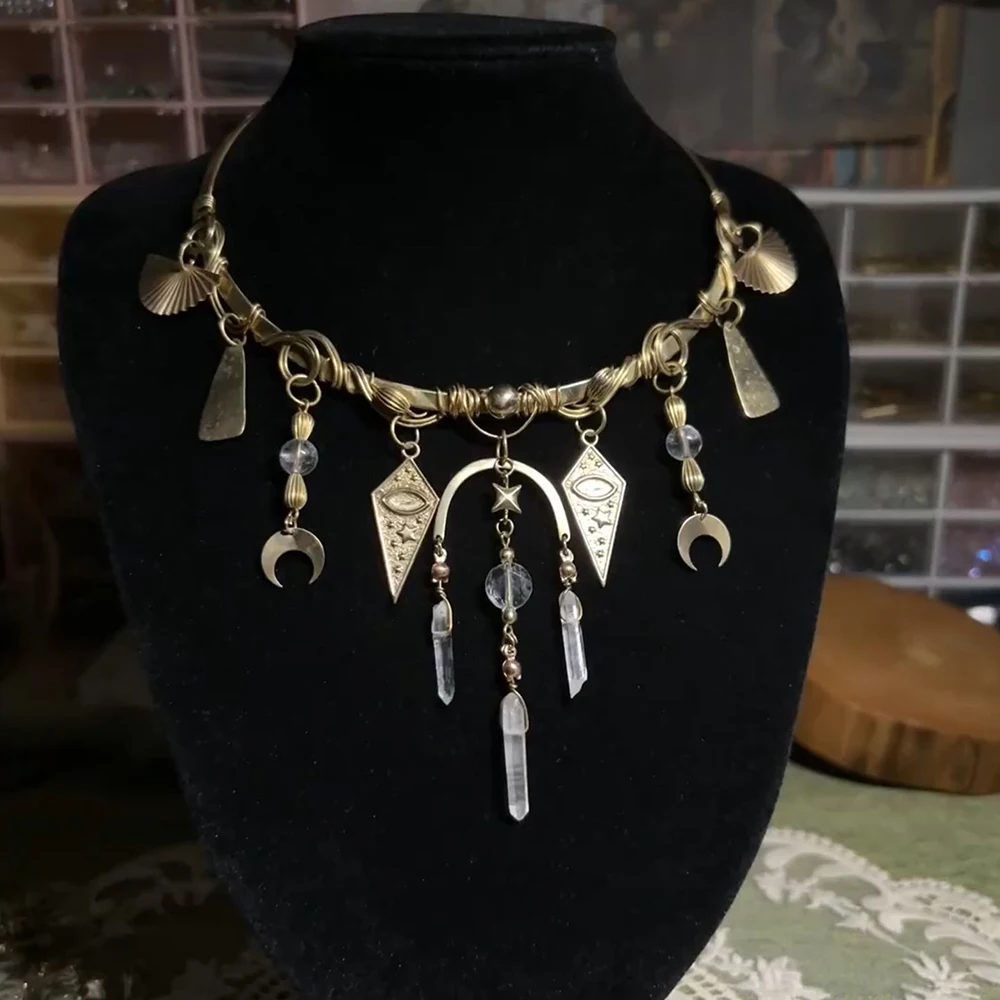 Retro Court Style Exquisite Handmade Starry Moon Water Droplet Tassel Collar, Waste Earth Heavy-Duty Winding Collar