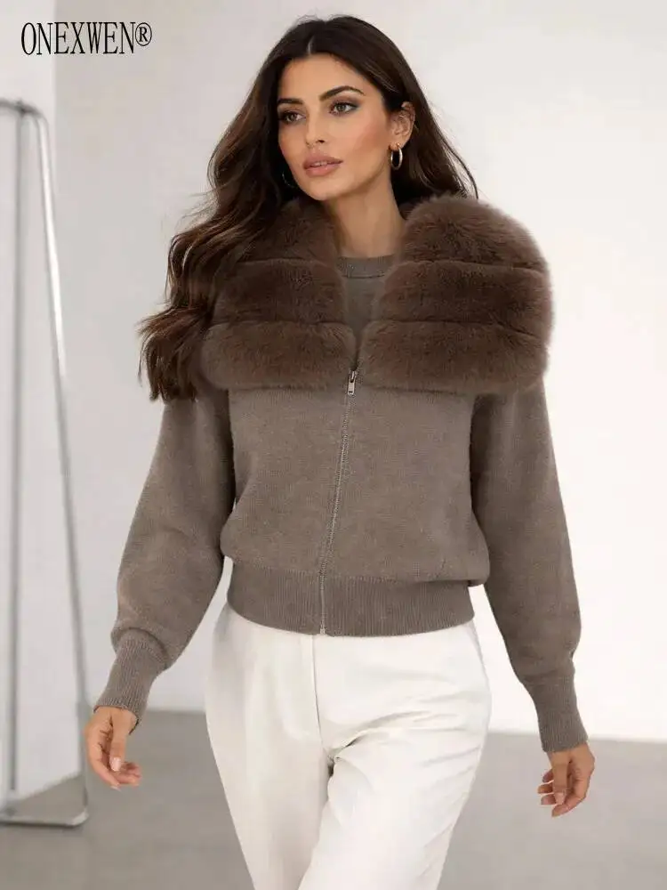 ONEXWEN 2026 New Women Knit Jacket Oversized Thick Fur Collar Full Zip Long Sleeve Ribbed Cuff Cardigan Winter Outerwear ZM5409