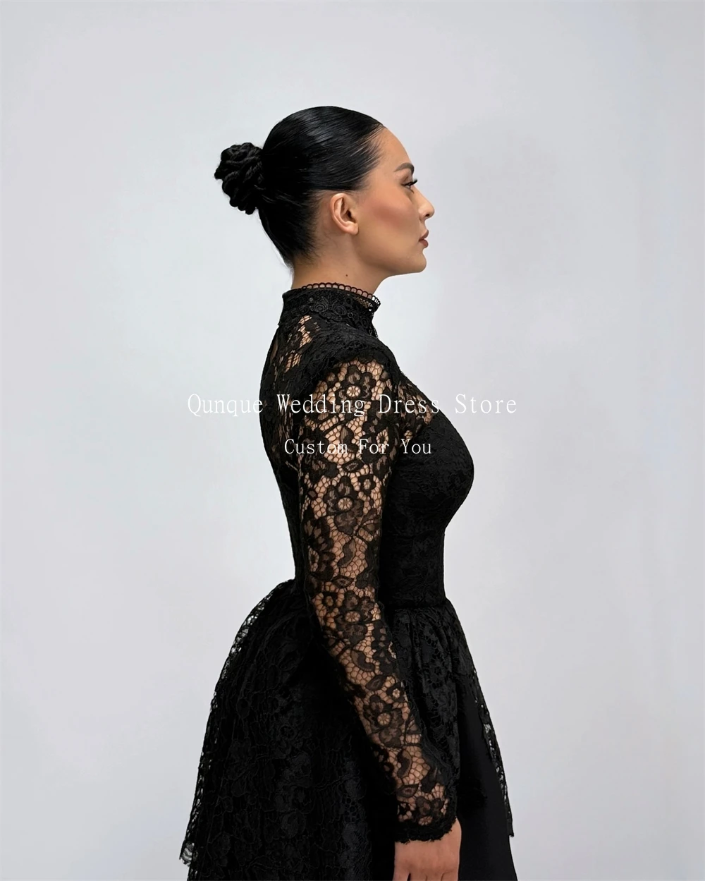 Qunque Black Short Hollow Back Prom Dresses Mini Lace Birthday Dress High Neck Women Vestidos Para Mujer De Noche Customized