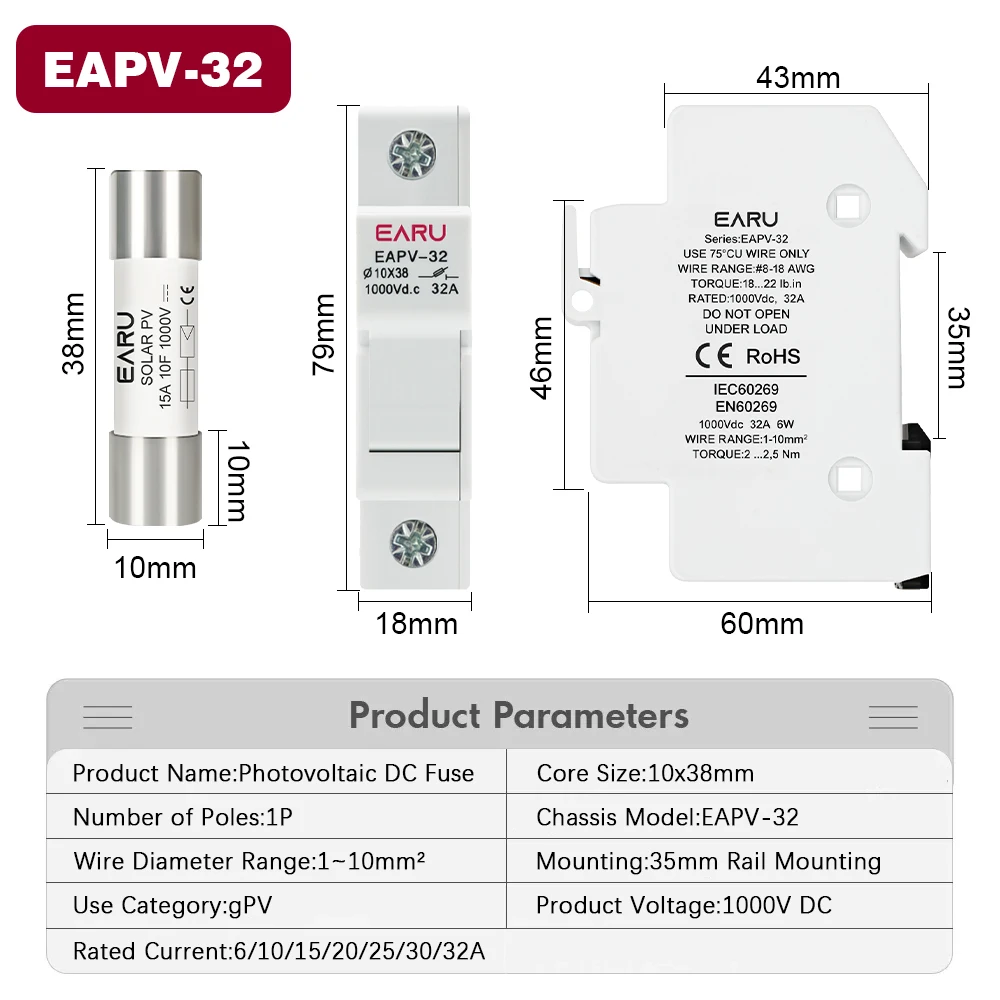 Din Rail Solar Fuses DC 1000V 1500V PV Photovoltaic 20A 25A 30A Fuse Holder Base for Solar System Short Circuit Protection gPV