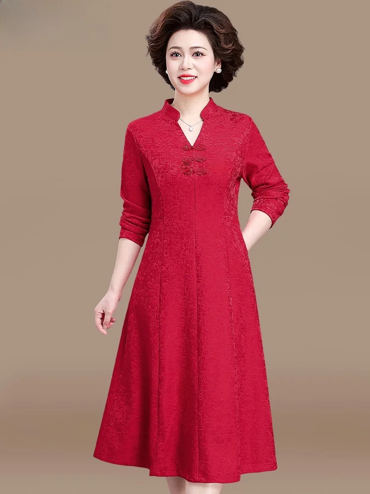 

Весенняя модная свадебная юбка-миди для мам, комфортное платье свободного кроя из полиэстера с V-образным вырезом для женщин среднего возраста