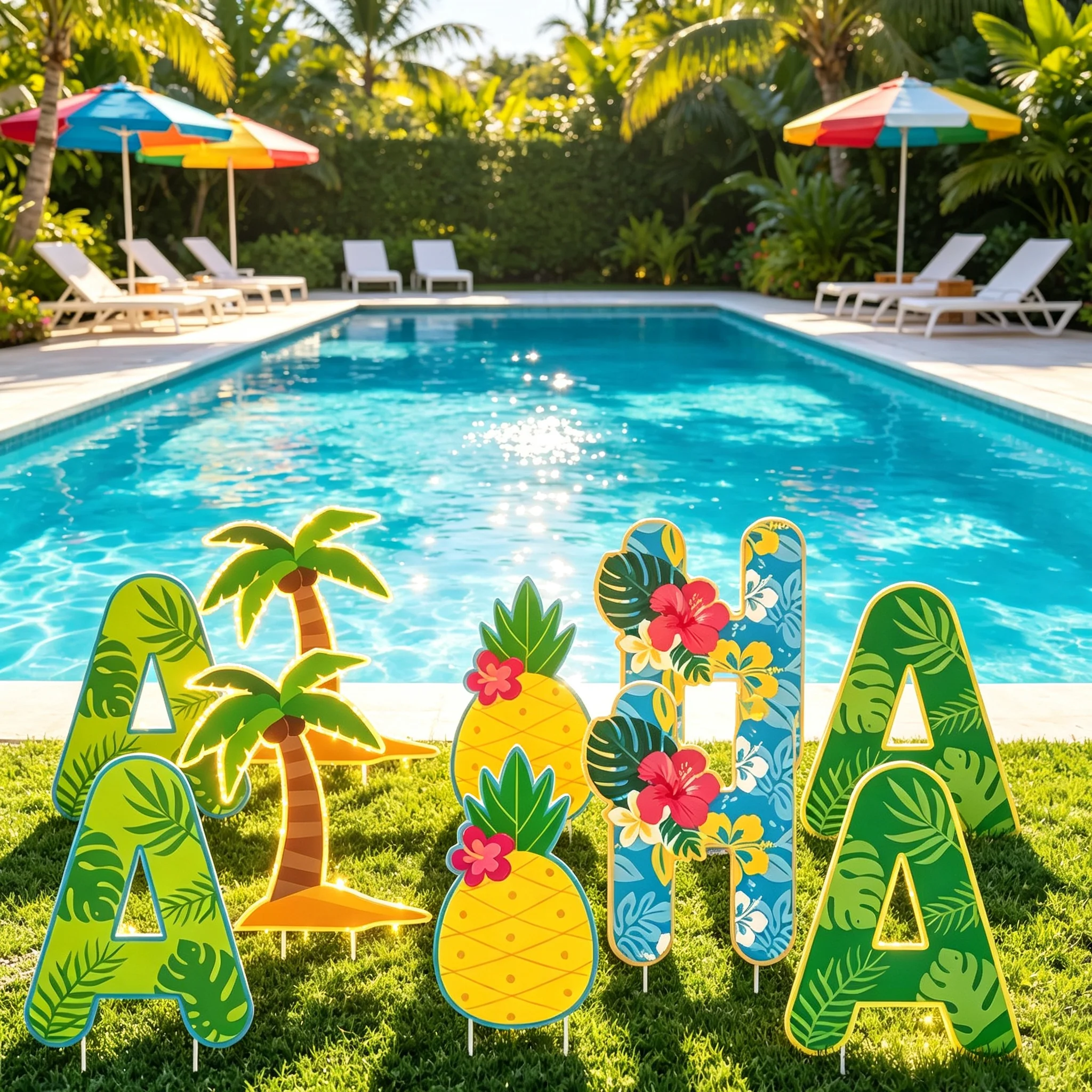 5pcs Decor Stake Summer Island Themed ALOHA Letter Yard Sign Palm Pineapple Shape For Patio Picnic Scene Ornaments