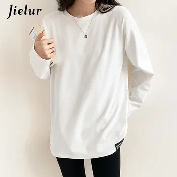Jielur 여성용 캐주얼 티셔츠, 흰색 긴팔 상의, O넥 의류, 단색 소프트 티셔츠, 여성 S-XL, 가을, 겨울, 신상
