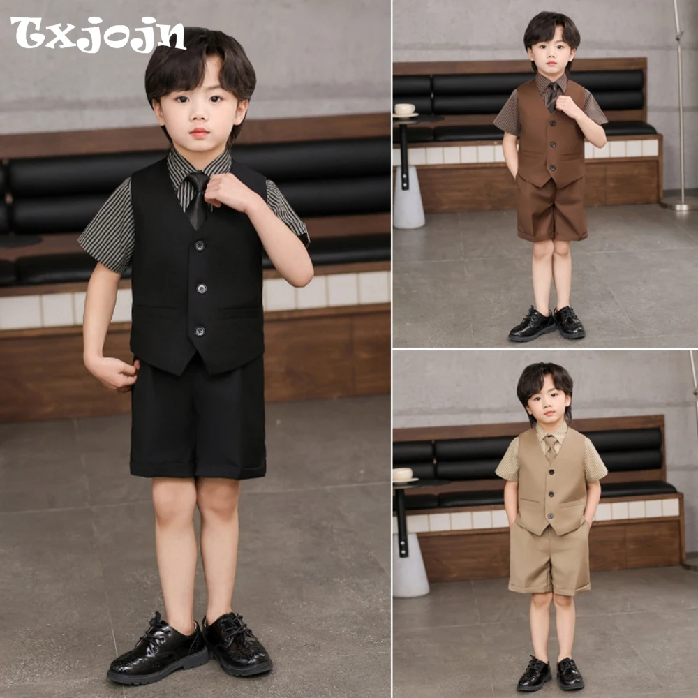 

Boys Summer Suit Set 3 Pieces Vest Short Pants Tie For Daily School Life Handsome Stylish Kids Suits Back-to-school Outfit