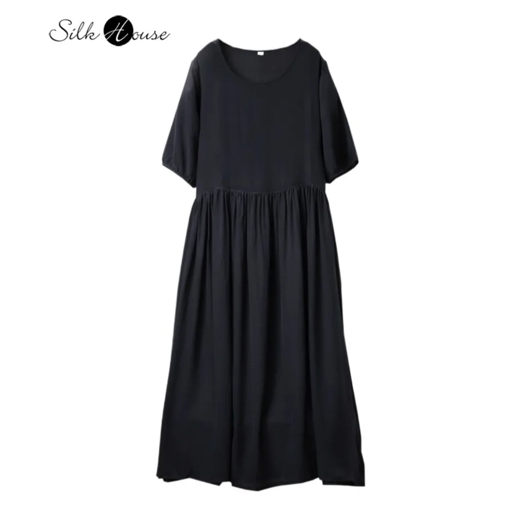 

Повседневное платье для женщин больших размеров из 100% натурального шелка крепдешин, черное, с круглым вырезом, коротким рукавом, дышащее