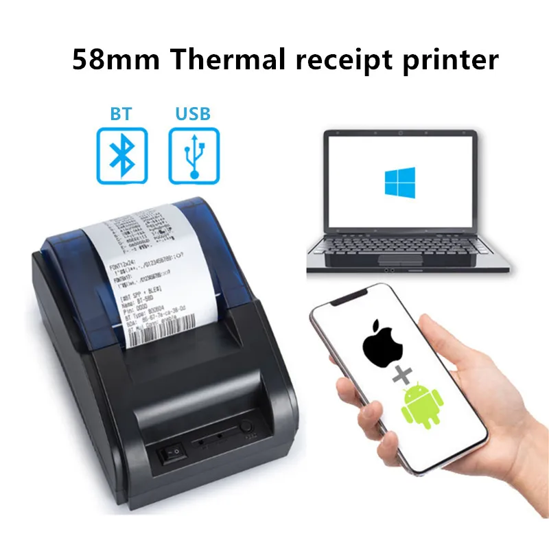 58mm Desktop USB Bluetooth Thermal Receipt Printer Inkless Ticket Printing Compatible with Android/iOS/Windows