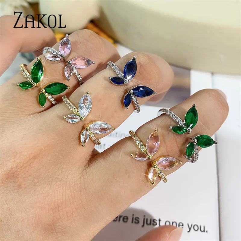ZAKOL-anillos de circón de mariposa brillante para mujer y niña, anillo de boda minimalista coreano, joyería ajustable de Color plateado