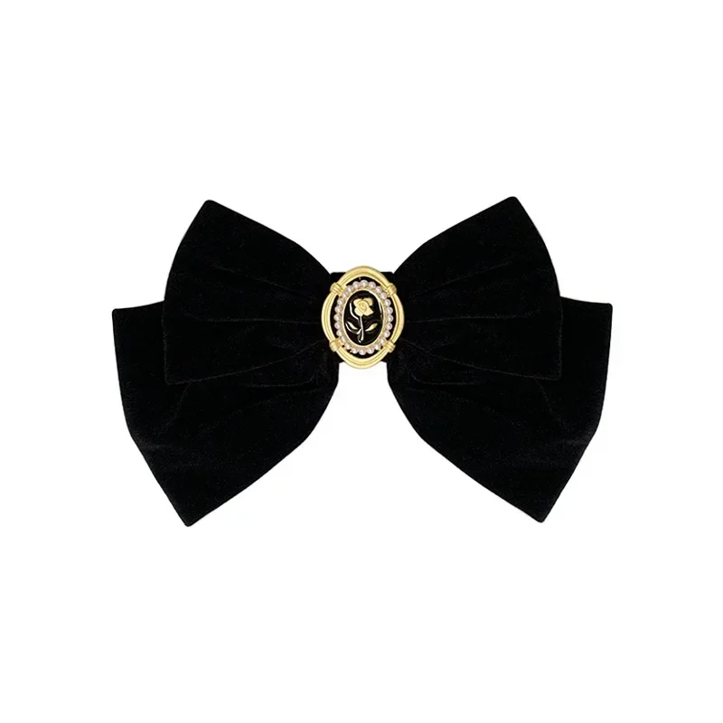 Fashion Ponytail Barrette Heawear Accessories Black Velvet Bow Hair Pins Elegant Fabric Alloy Roses Hair Clips for Women