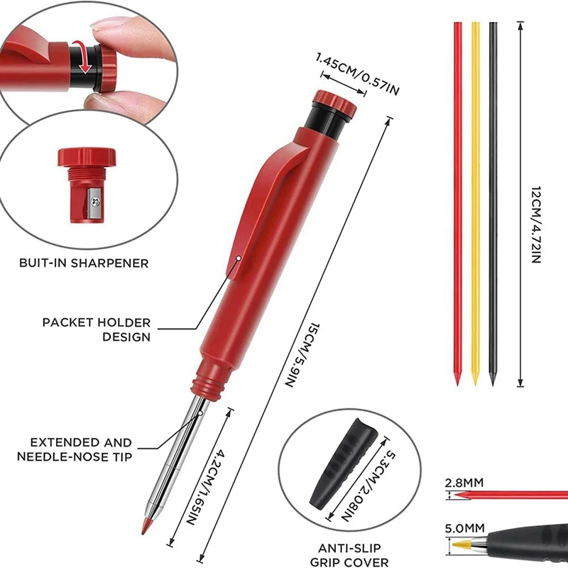 Твердые плотничьи карандаши, набор из 3 предметов, плотничьи карандаши, маркер-карандаш с длинным носом и глубокими отверстиями со встроенной точилкой