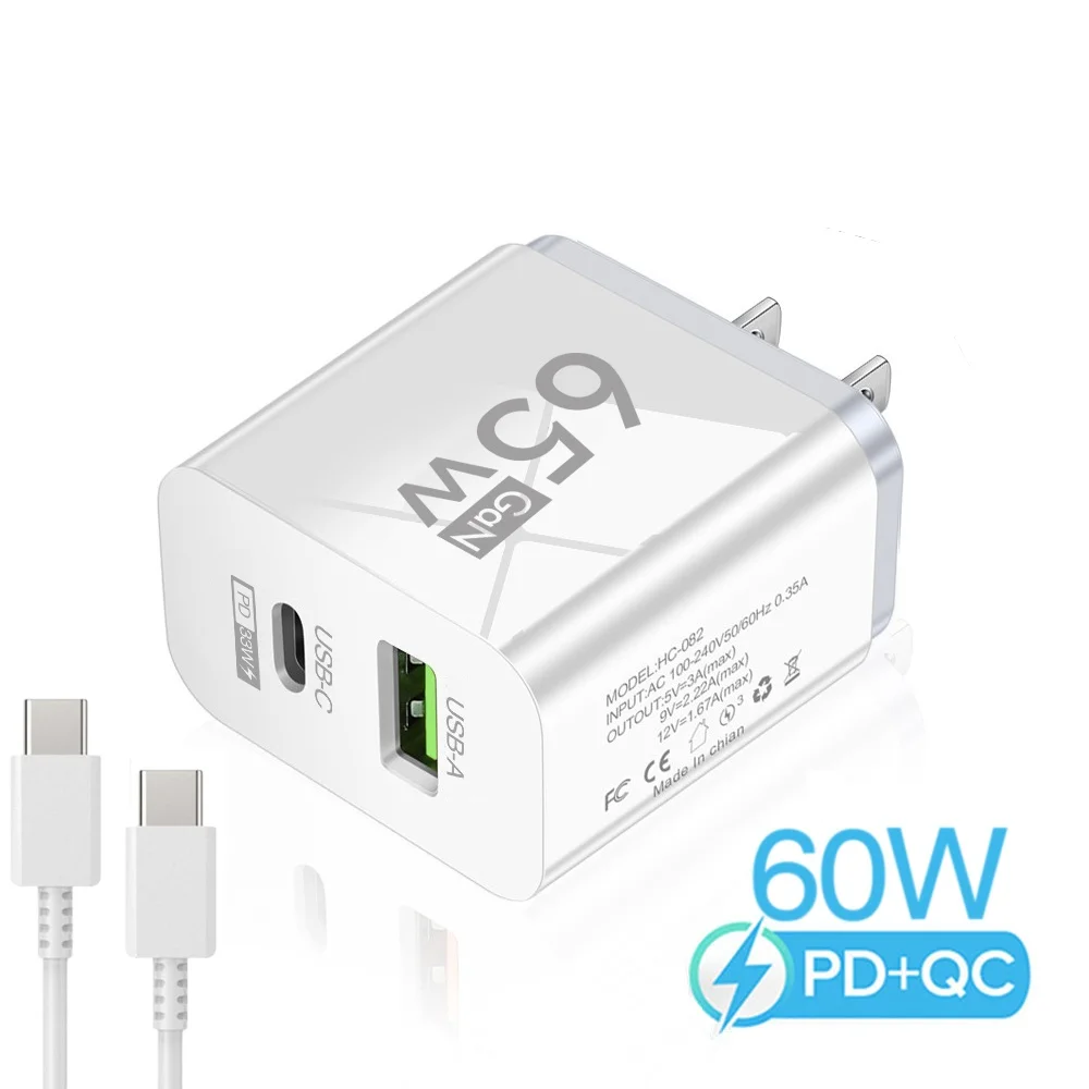 65W GaN Schnellladegerät USB-C USB-A Dual-Port PD3.0 Quick Charge Adapter für iPhone Samsung Xiaomi Laptop EU US Stecker Reise