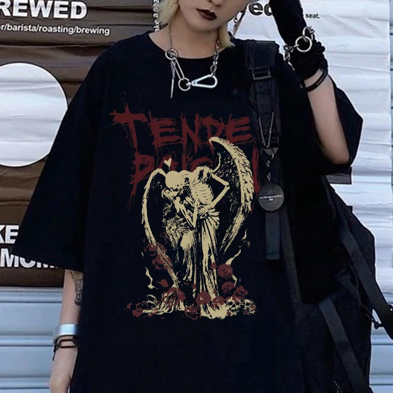 Women T Shirts Hip Hop Streetwear Tops Gothic Devil Angel Vintage Print T Shirt Women Summer Punk Oversized T-shirt Casual Tees