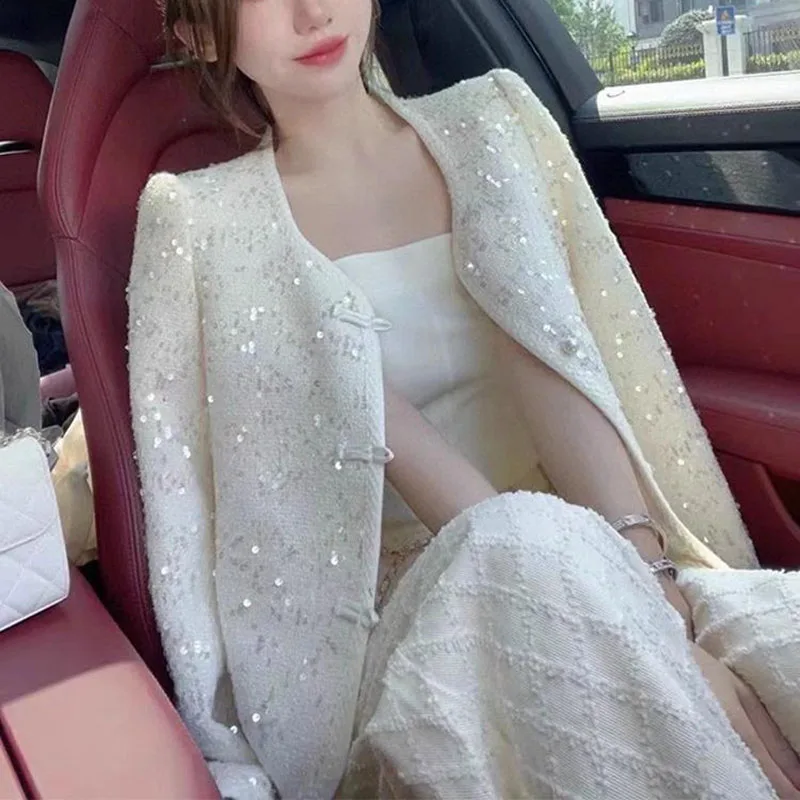 White Sparkling Sequin Suit Coat Women's Spring 2024 New Guofeng pankou Blazers Office Ladies Elegant Luxury Blazers Outwear