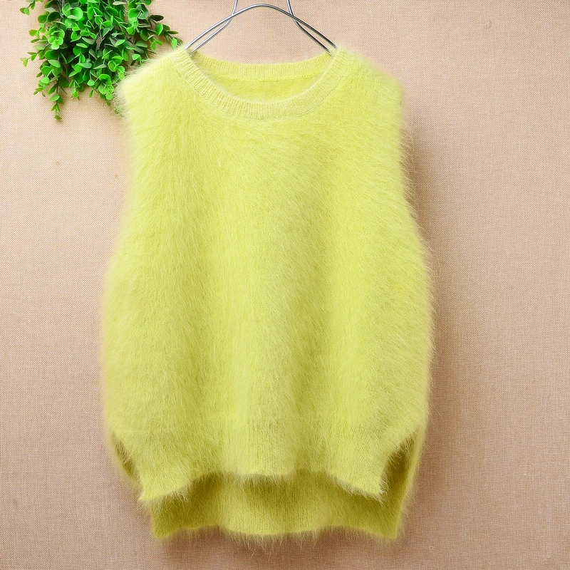 Ladies Women Vintage Fashion Hairy Angora Rabbit Hair Knitted Sleeveless Short Sleeves Loose Pullover Vest Jumper Sweater Pull