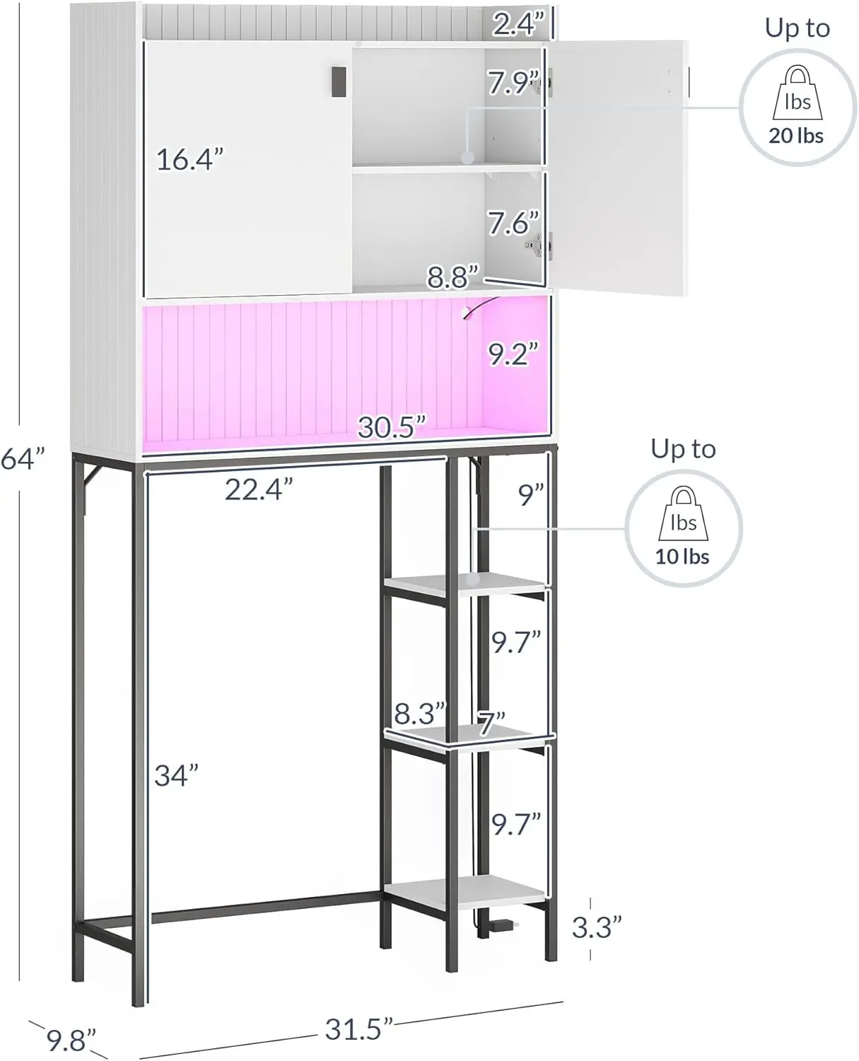 Over The Toilet Storage Cabinet with LED Light, Freestanding Above Toilet Rack with Adjustable Shelf, Bathroom Space Savers