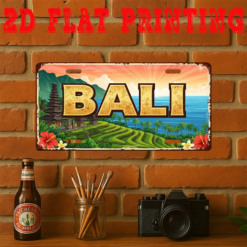 2D Flat, [Jit], 2d Flat Printing, 1pc, Vintage Metal Tin Sign, Decorative Sign (29.97 * 14.99 cm), Bali City Sign, Tropical Sunr