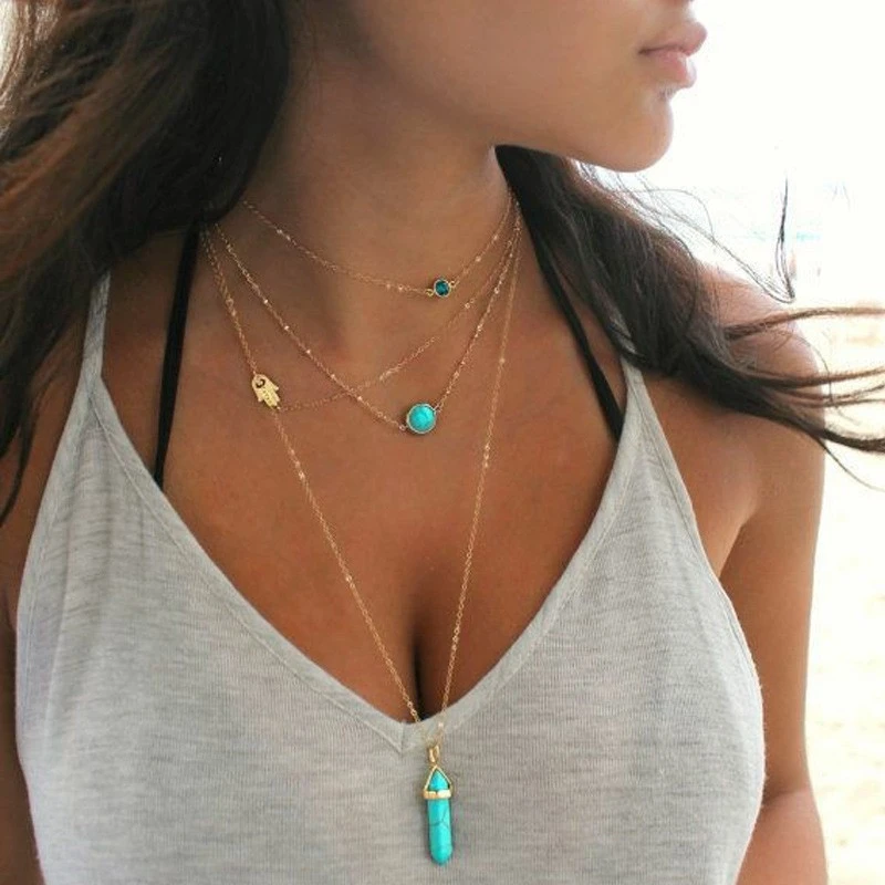 Bohemian Multi-Layer Natural Texture Turquoise Necklace Fashion Personalized Fresh Trendy Girl Crystal Column Pendant Jewelry