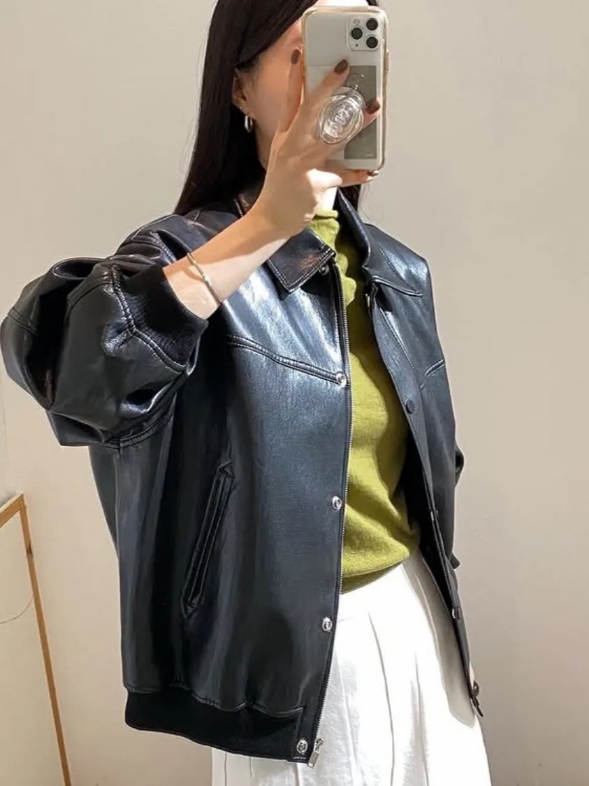 Bla ort Jaet in pelle allentata da donna coreana Sle Hong Kong Sle Retro Chic Faion High-End Feelings Cappotto in pelle PU