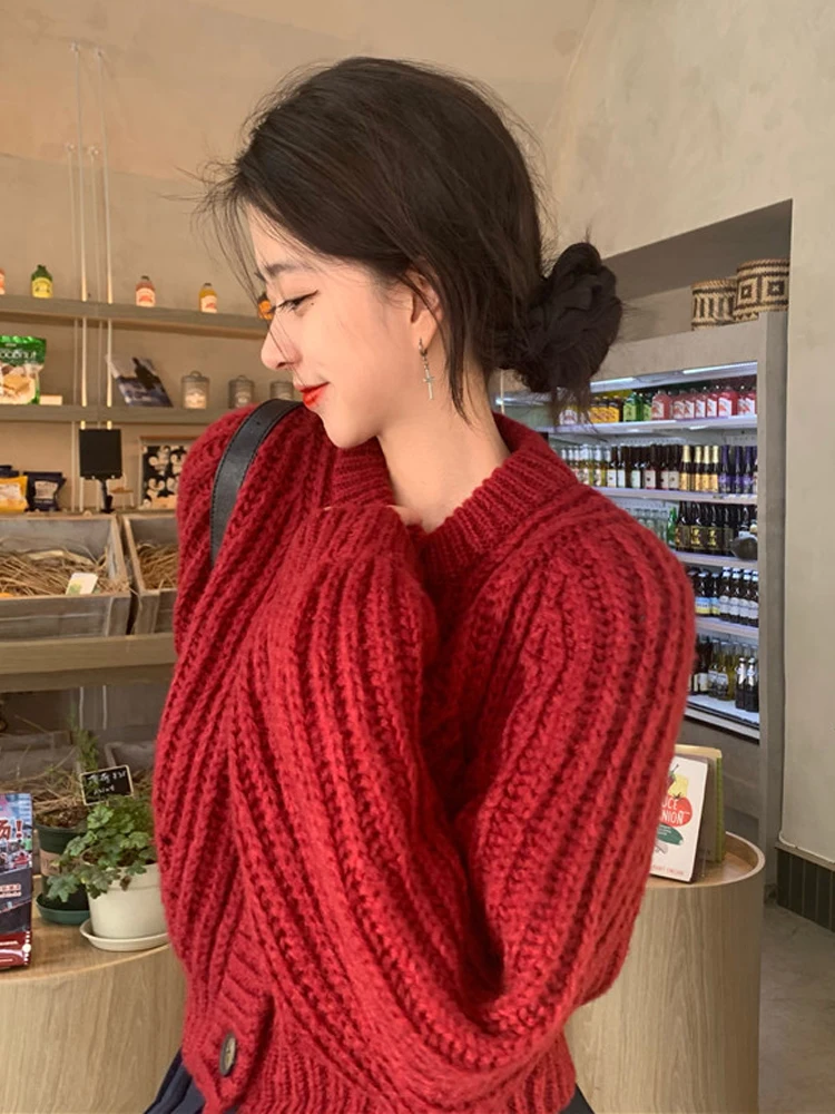 Pink Short Knitted Cardigan Jacket Women 2022 Winter Elegant Korean Lantern Sleeve Coat Female Fashion Single-breasted Chic Tops