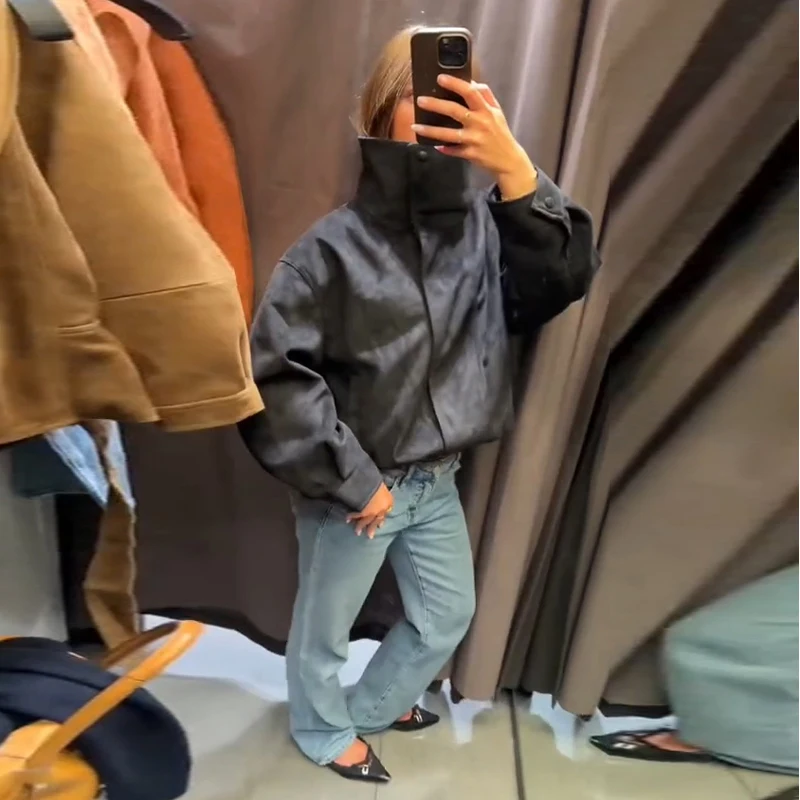 Oversize-Mäntel für Damen, Stehkragen, seitliche Knopfleiste, lange Ärmel, Jacken mit Reißverschluss, Herbst, Damen, geraffte, einfarbige, lockere Jacke, neue Oberbekleidung – Detail 5