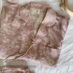 New Chinese Style Pajamas Two-Piece Set Print Flower Long Sleeve Trouser Suits Sleepwear Spring New Satin Homewear Loungewear