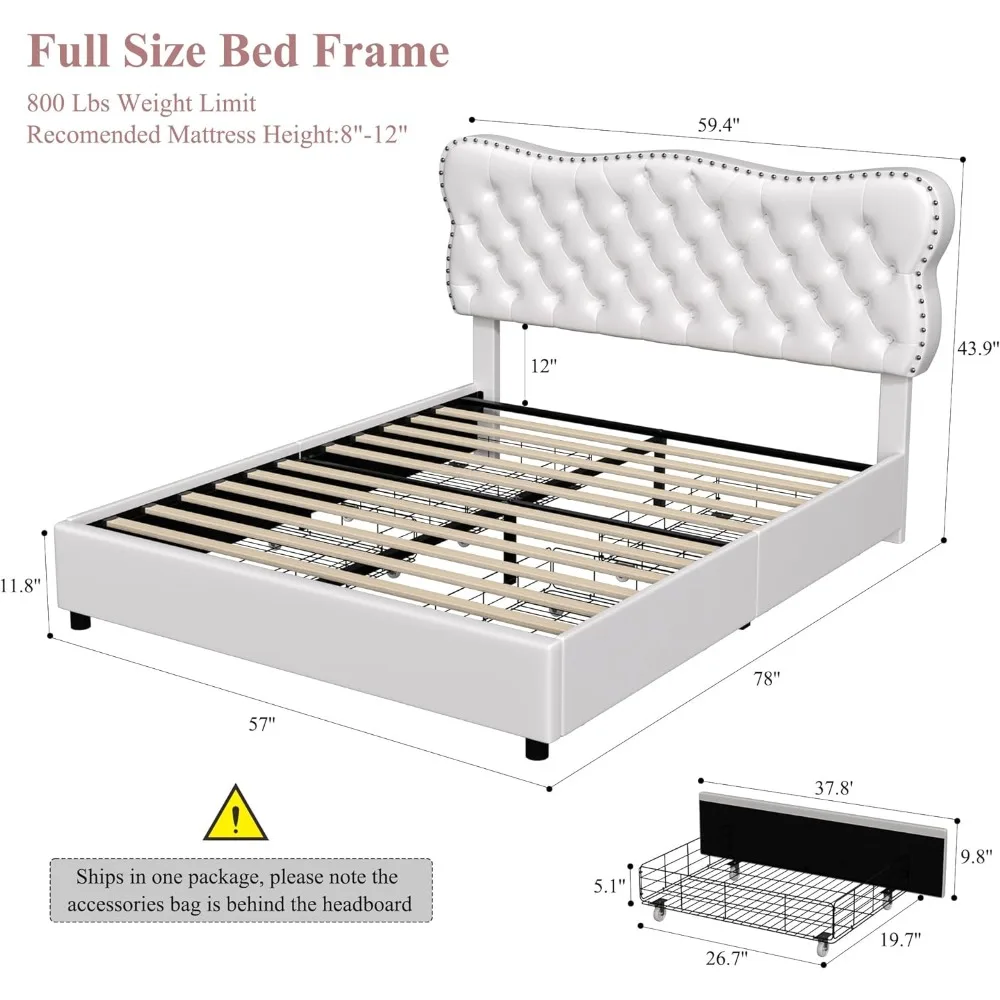 HOSTACK Full Bed Frame with 4 Storage Drawers, Upholstered Platform Bed Frame with Button Tufted Headboard, Heavy Duty Mattress