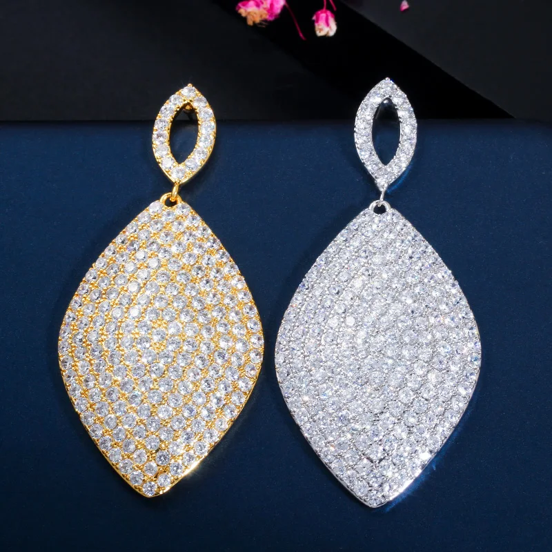 ThreeGraces Sparkling Micro Pave Cubic Zirconia Big Long Leaf Drop Dangle Earrings for Women Luxury Party Jewelry E1236