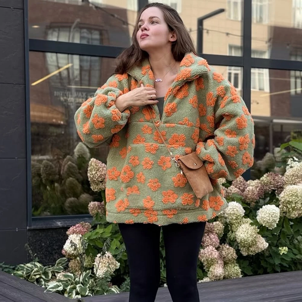 

Ticketsx с цветочным принтом, имитация овечьей шерсти, женская толстовка с длинными рукавами и карманами на молнии, свободный топ, женское осеннее шикарное повседневное праздничное пальто