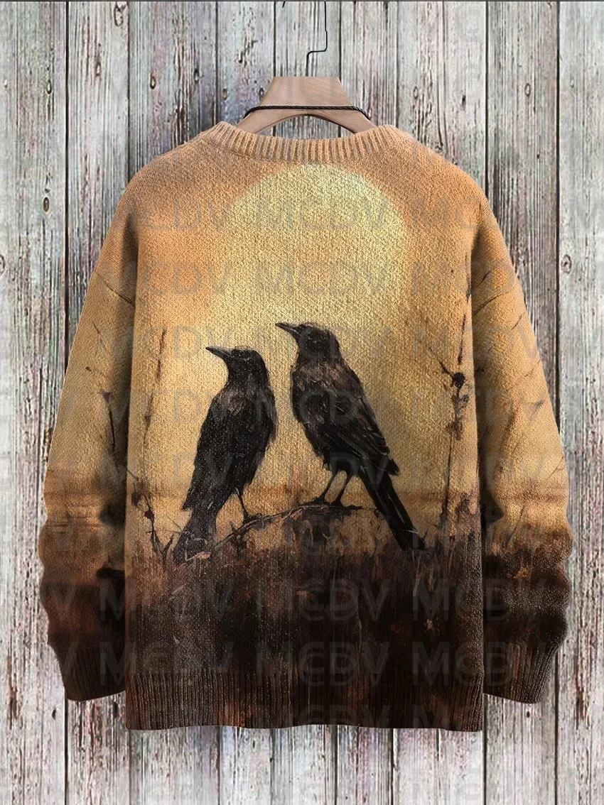 Halloween Crow Branch Moon Print Casual Knit Pullover Sweater Men's For Women's Pullover